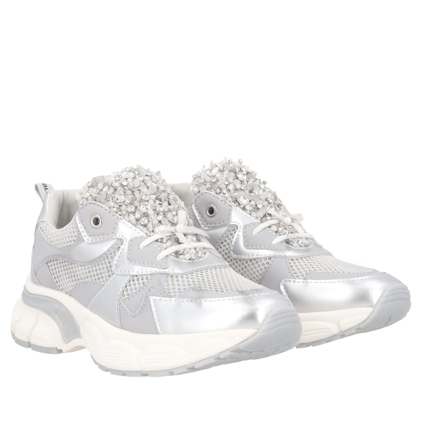 Sneaker Mirabel con micro strass, perle, fiocchi colore argento