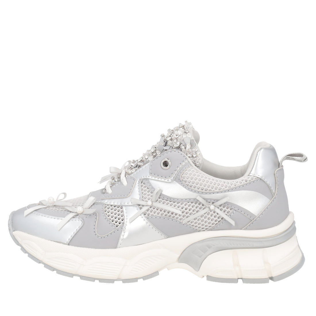 Mirabel sneakers with micro rhinestones, pearls, and silver bows
