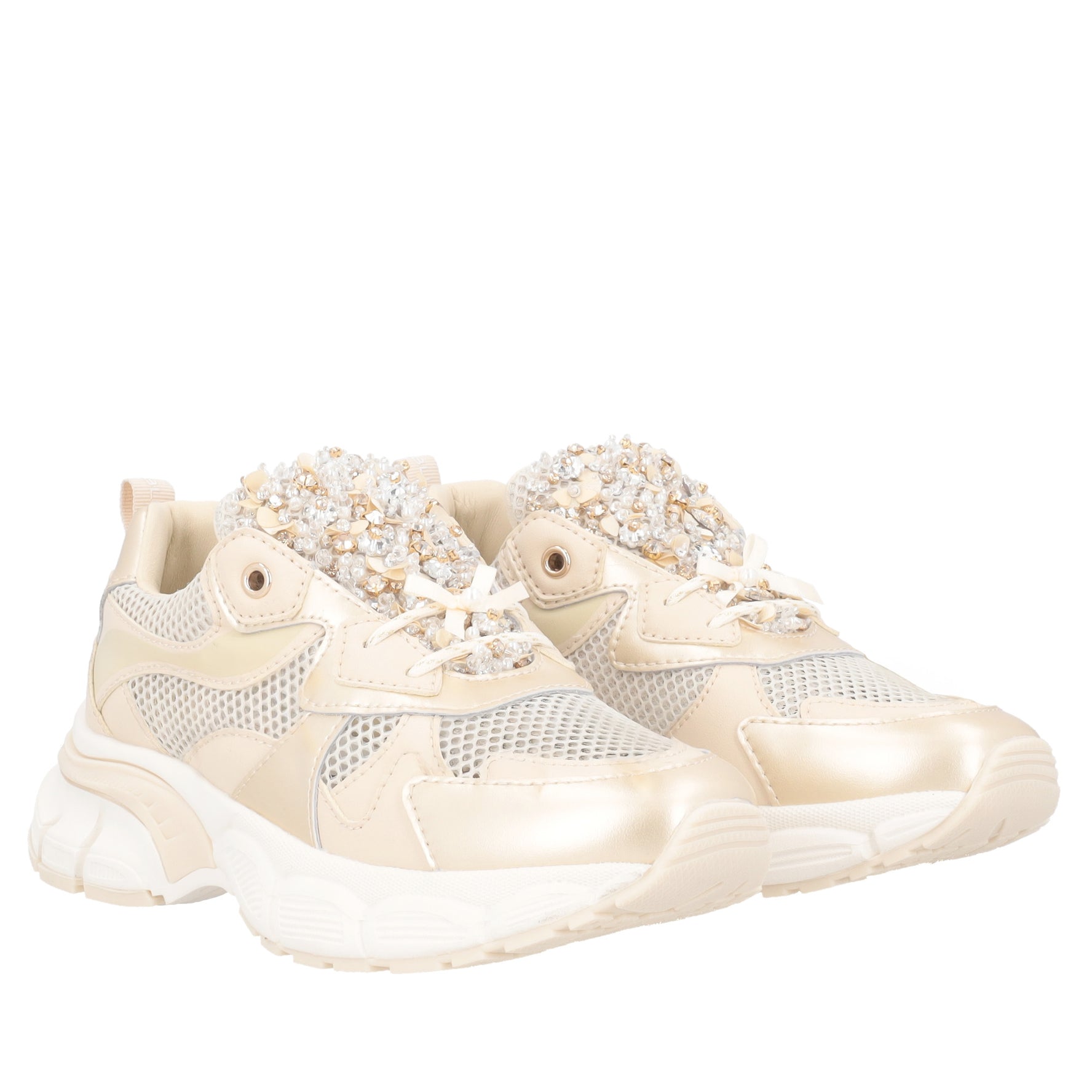 Sneaker Mirabel con micro strass, perle, fiocchi colore oro