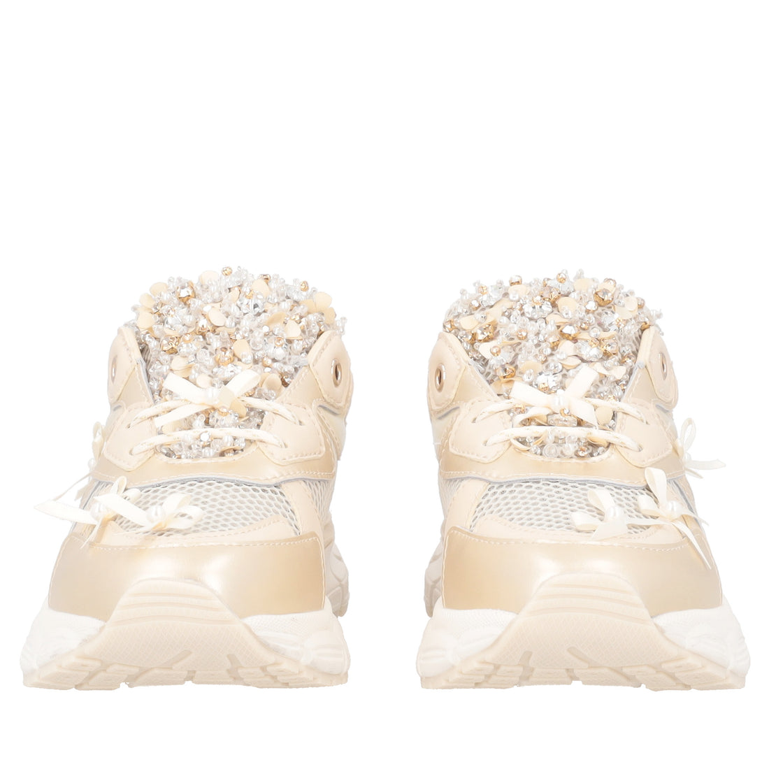 Sneaker Mirabel con micro strass, perle, fiocchi colore oro