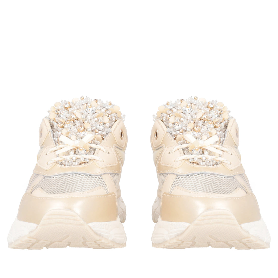 Sneaker Mirabel con micro strass, perle, fiocchi colore oro