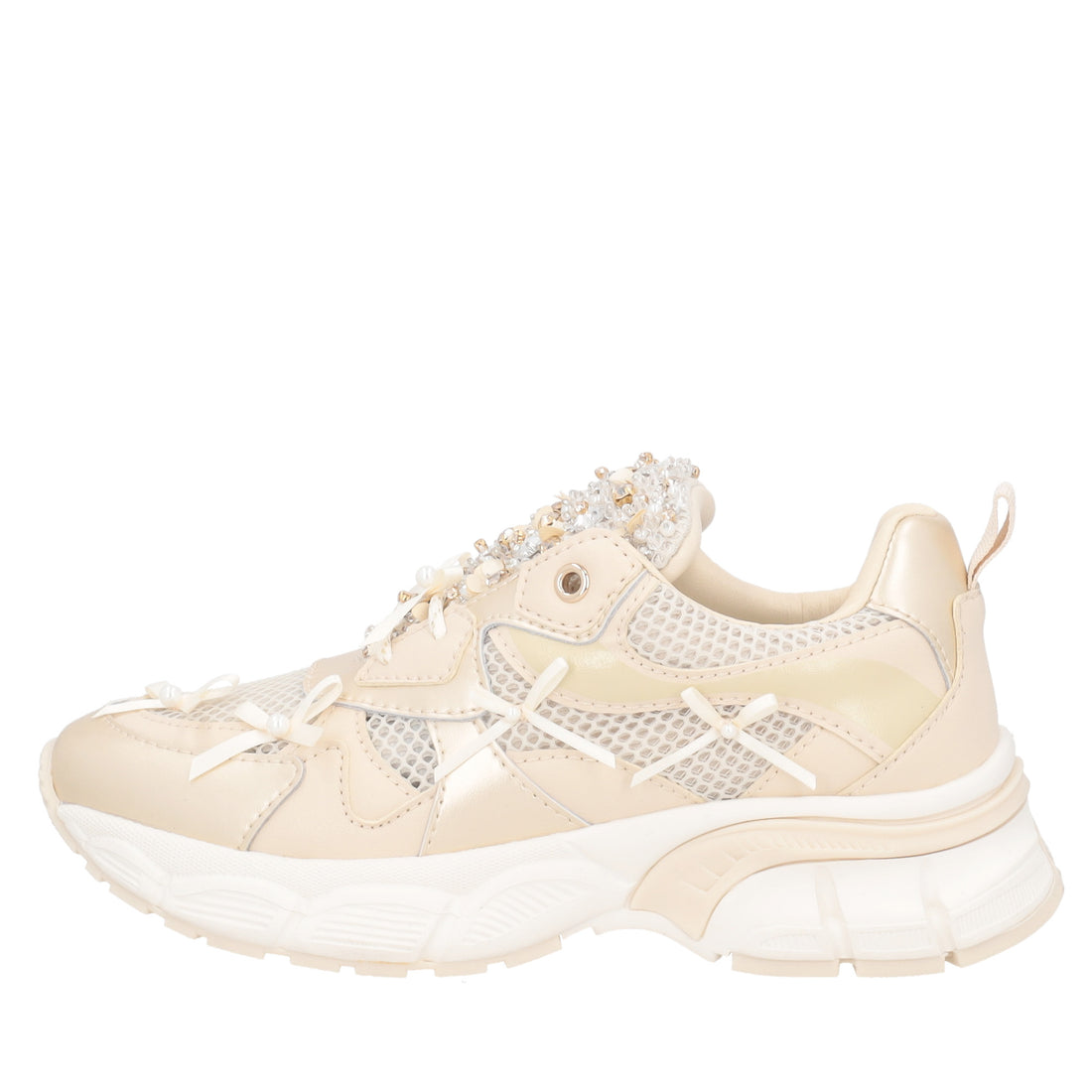 Sneaker Mirabel con micro strass, perle, fiocchi colore oro