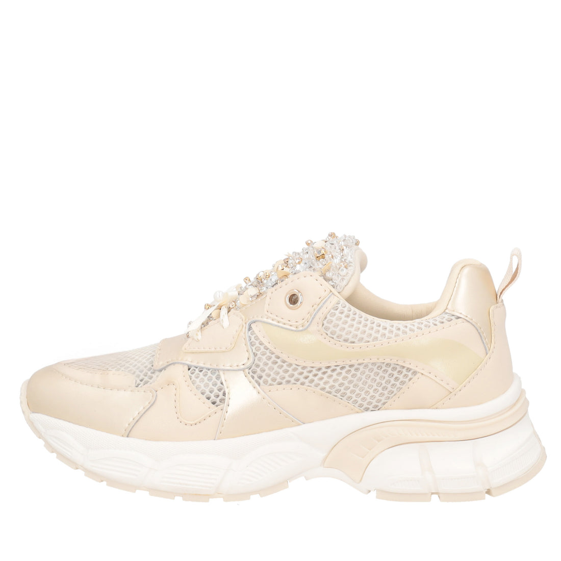 Sneaker Mirabel con micro strass, perle, fiocchi colore oro