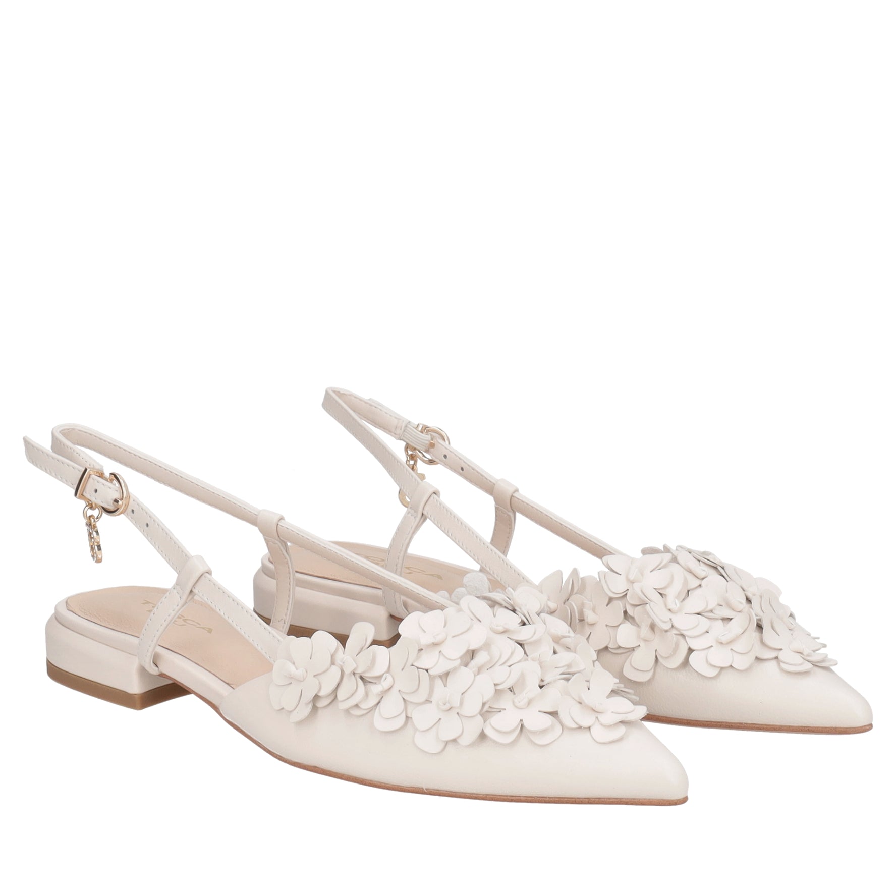 Slingback Deauville in pelle con fiori colore avorio