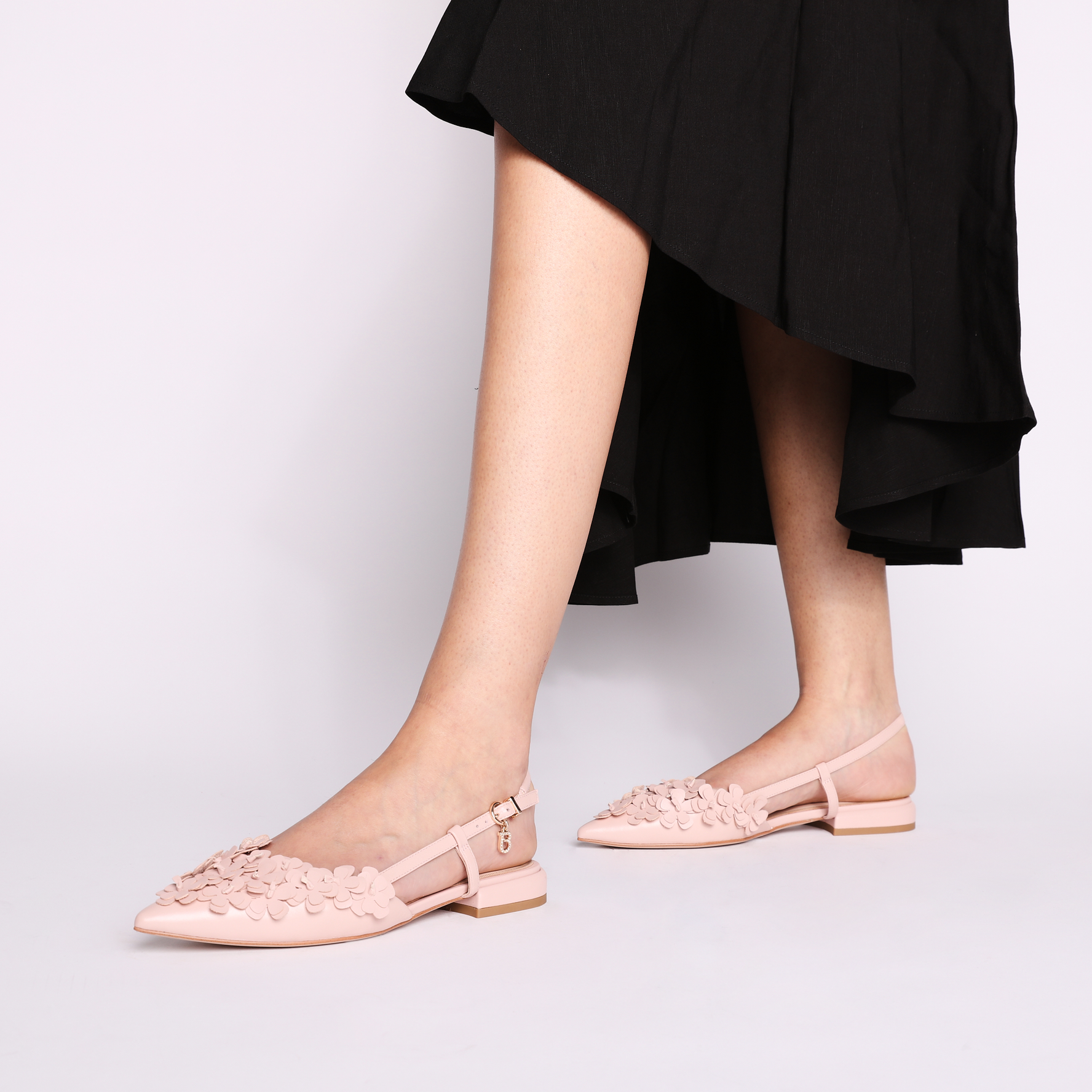 Slingback Deauville in pelle con fiori colore cipria