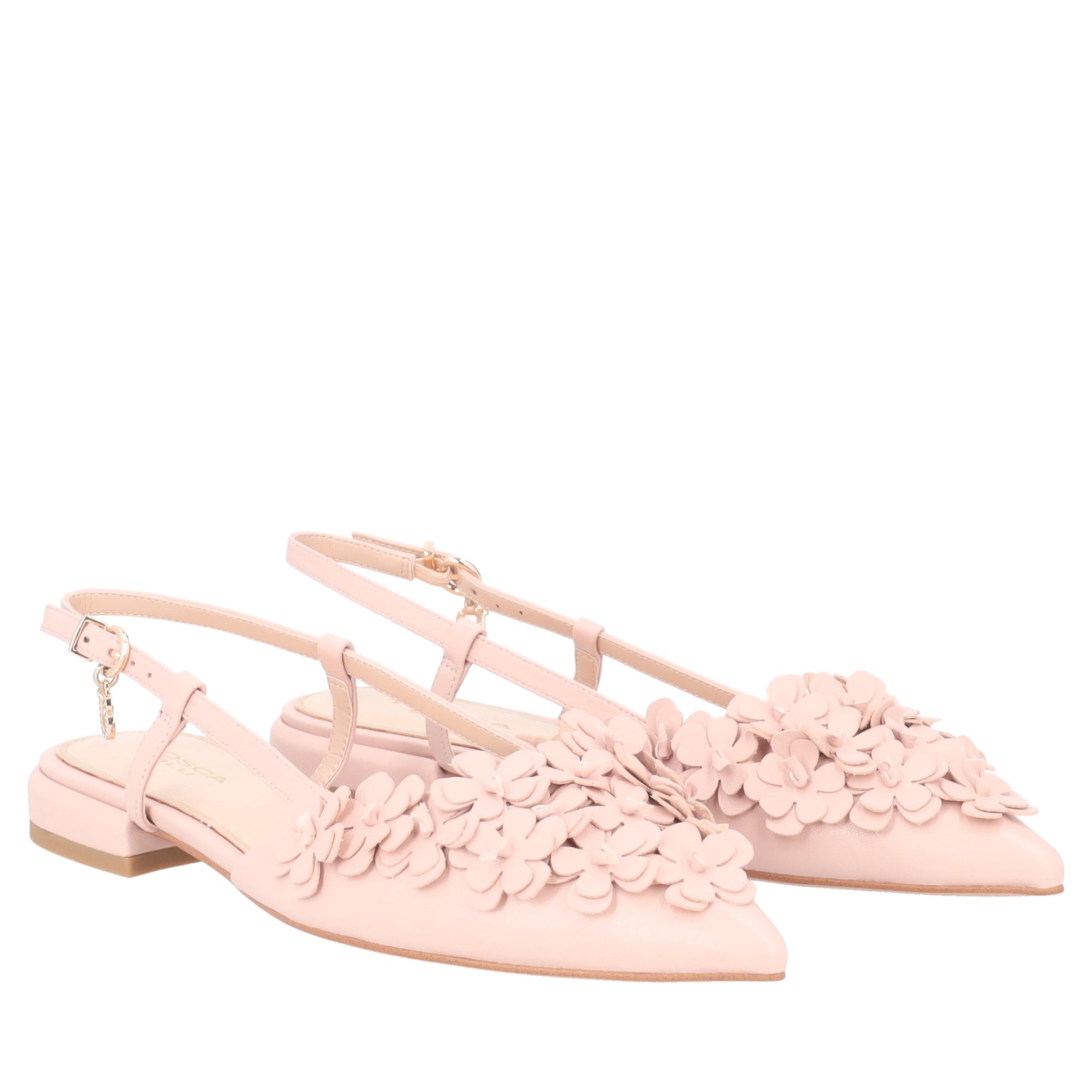 Slingback Deauville in pelle con fiori colore cipria