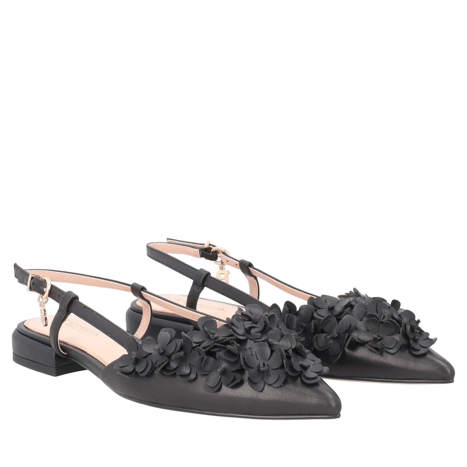 Slingback Deauville in pelle con fiori colore nero