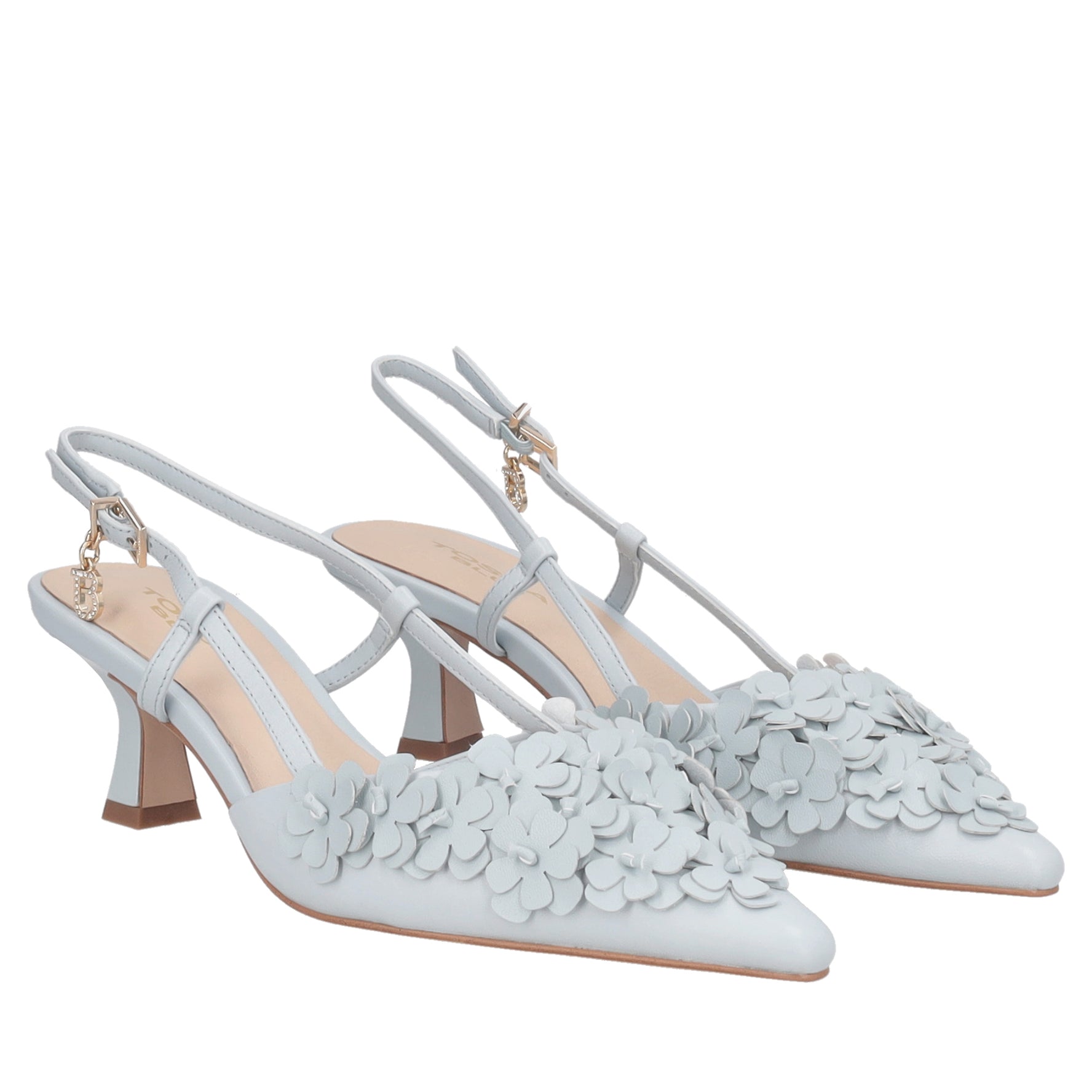 Slingback Doha in pelle con fiori colore azzurro