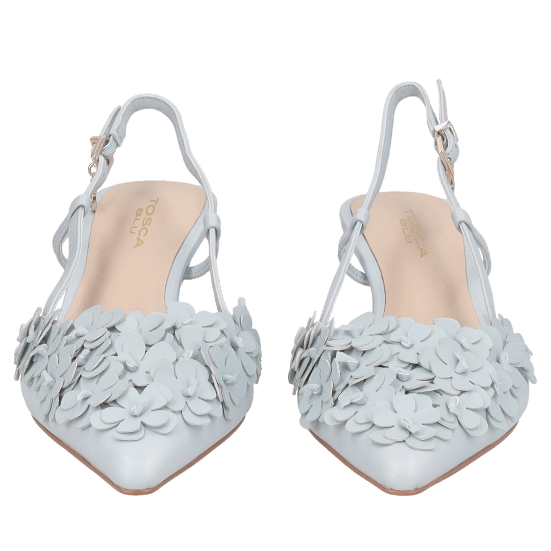 Slingback Doha in pelle con fiori colore azzurro