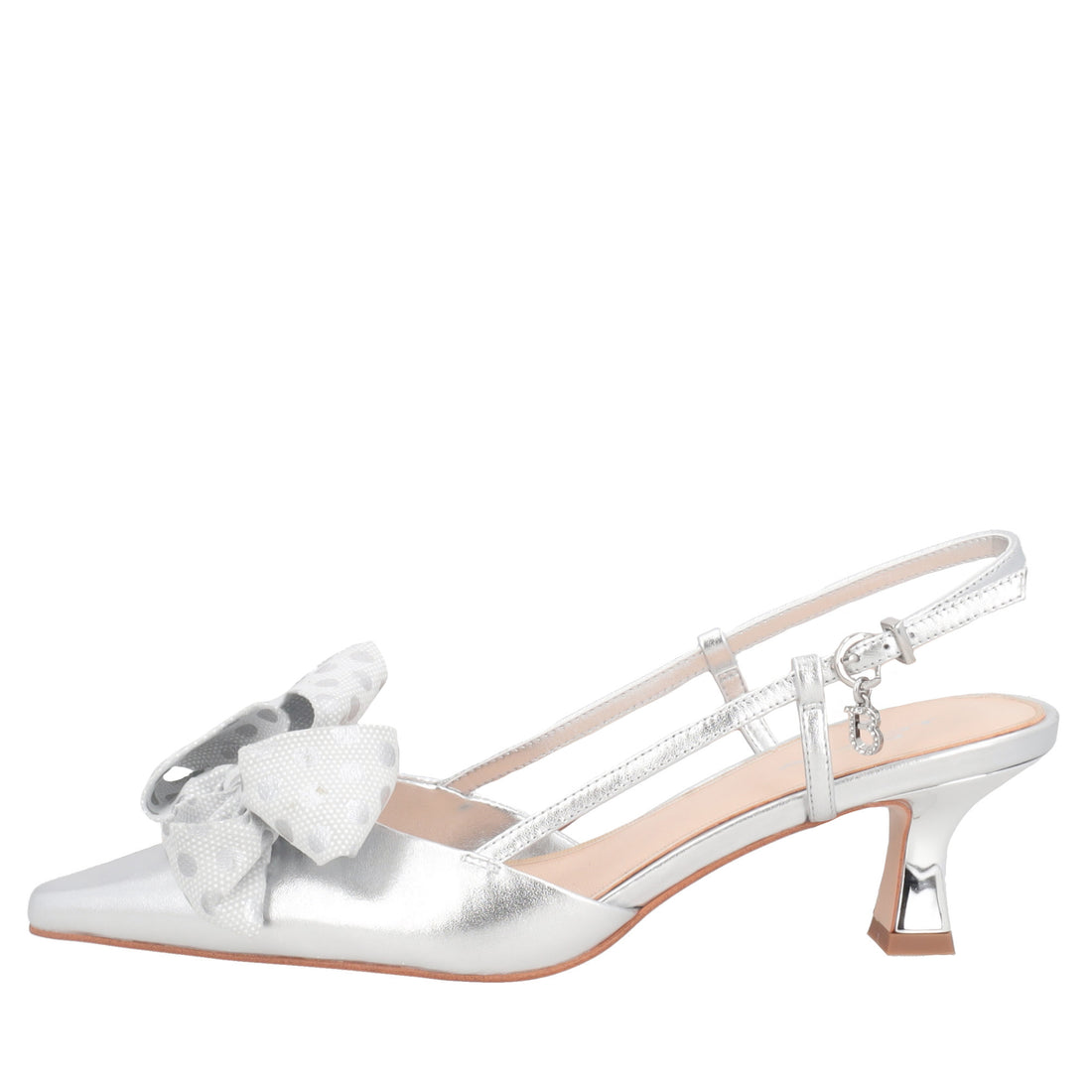 Doha patent leather slingback with silver bow