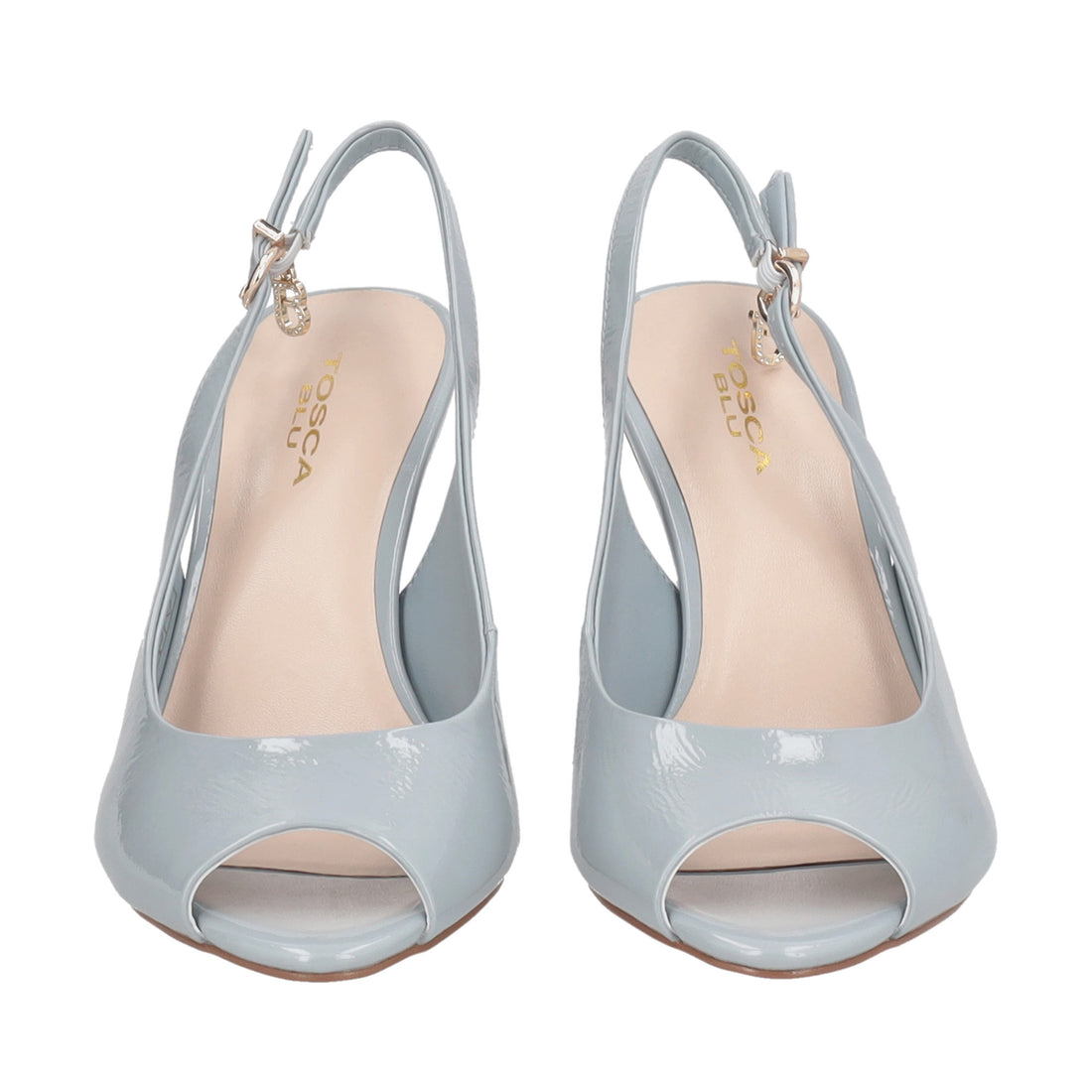Elenoire patent leather slingback with open toe in light blue