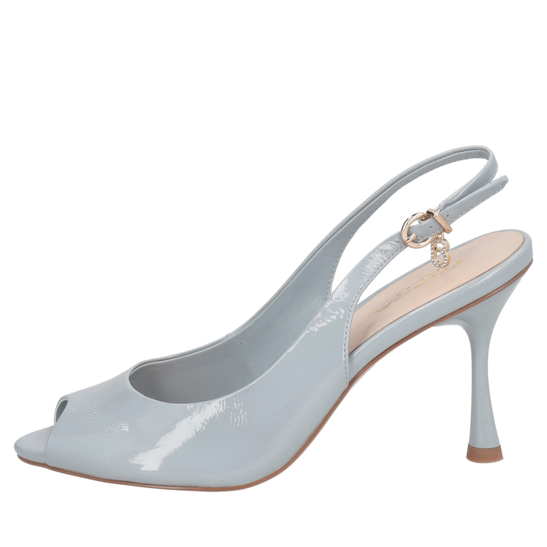 Elenoire patent leather slingback with open toe in light blue
