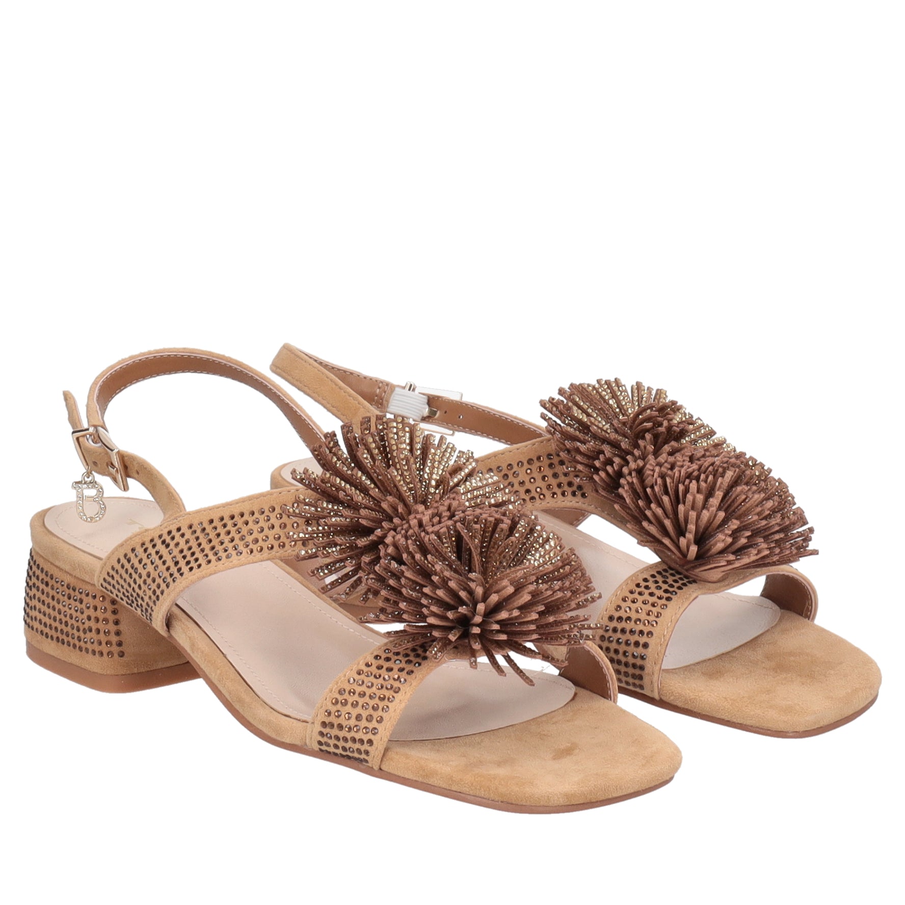 Lisbon suede sandal with tan-colored rhinestones
