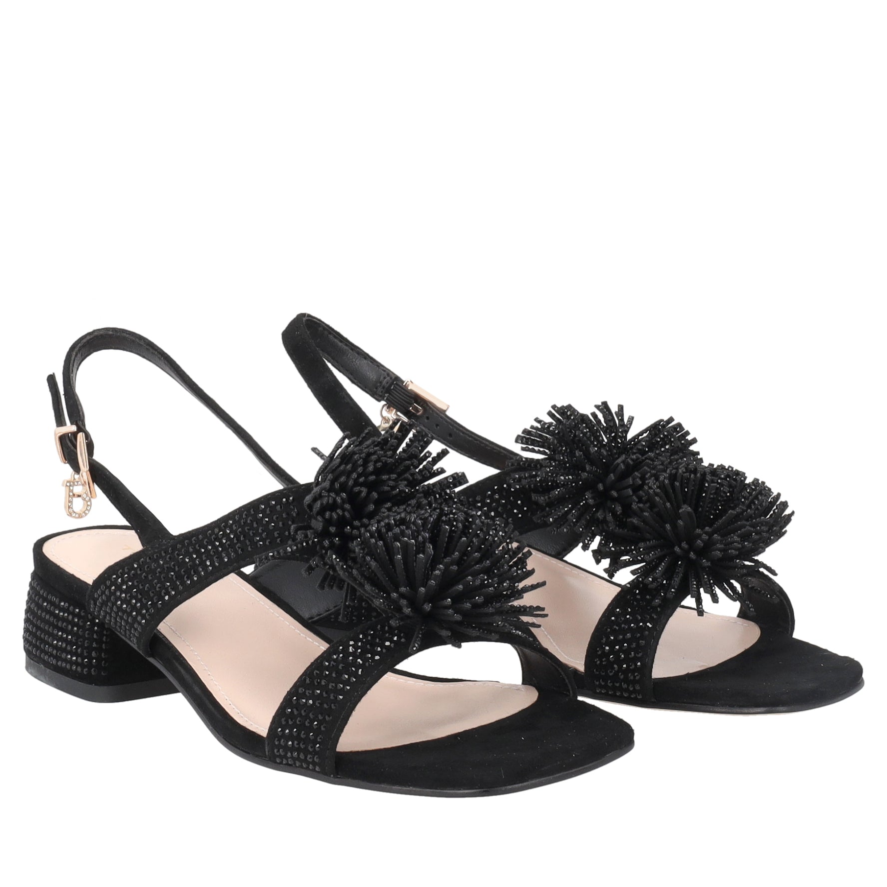Lisbon sandal in suede with black rhinestones