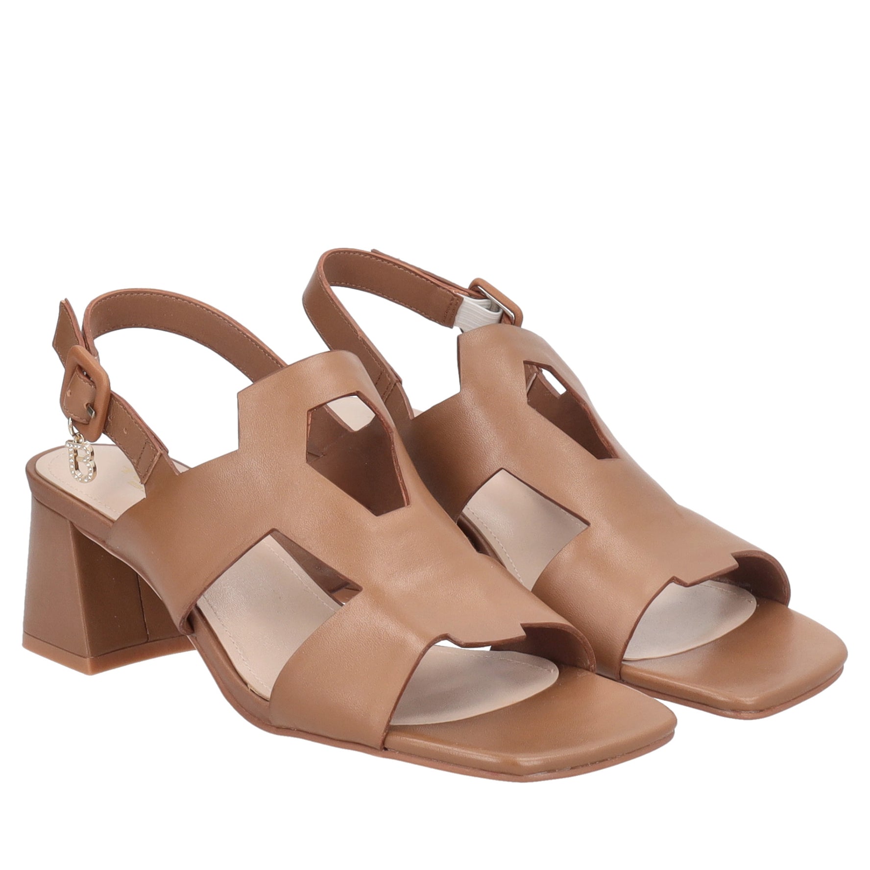 Malindi leather sandal with biscuit-colored heel