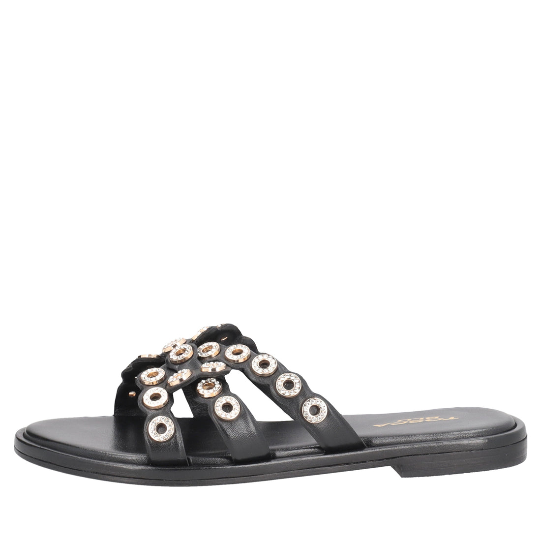 Marrakech flat sandal in black leather with sails