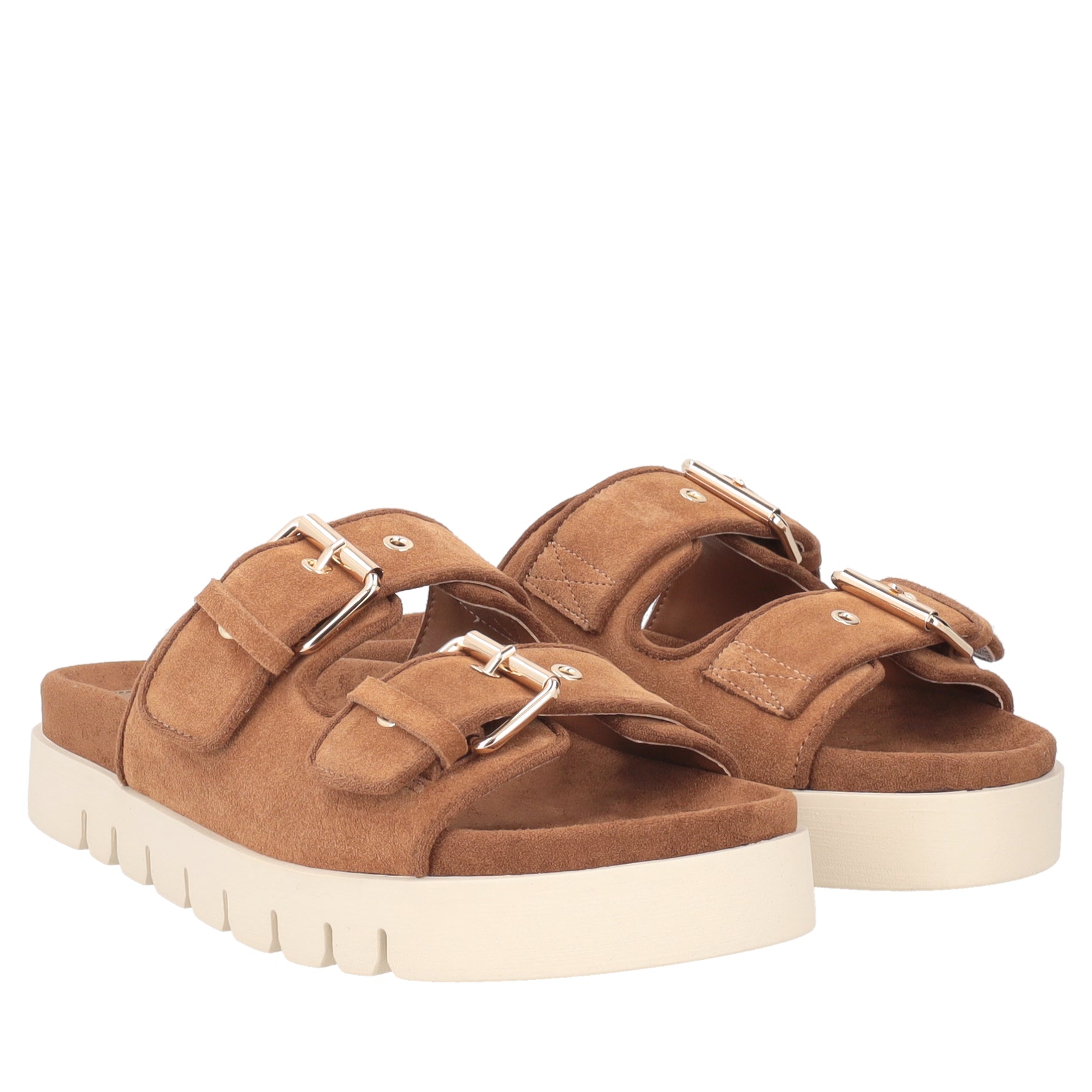 Seychelles suede sandal with tan-colored buckles