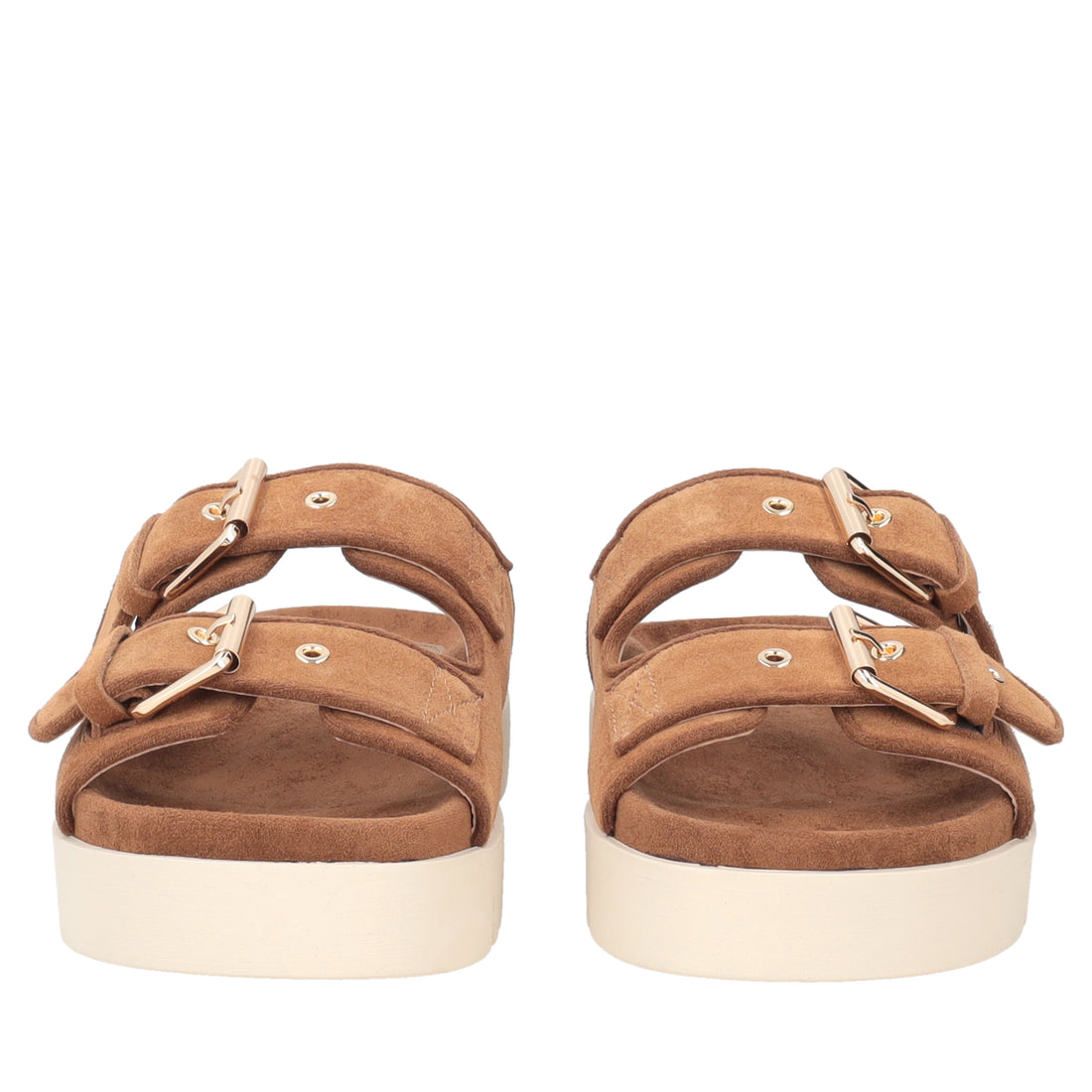 Seychelles suede sandal with tan-colored buckles