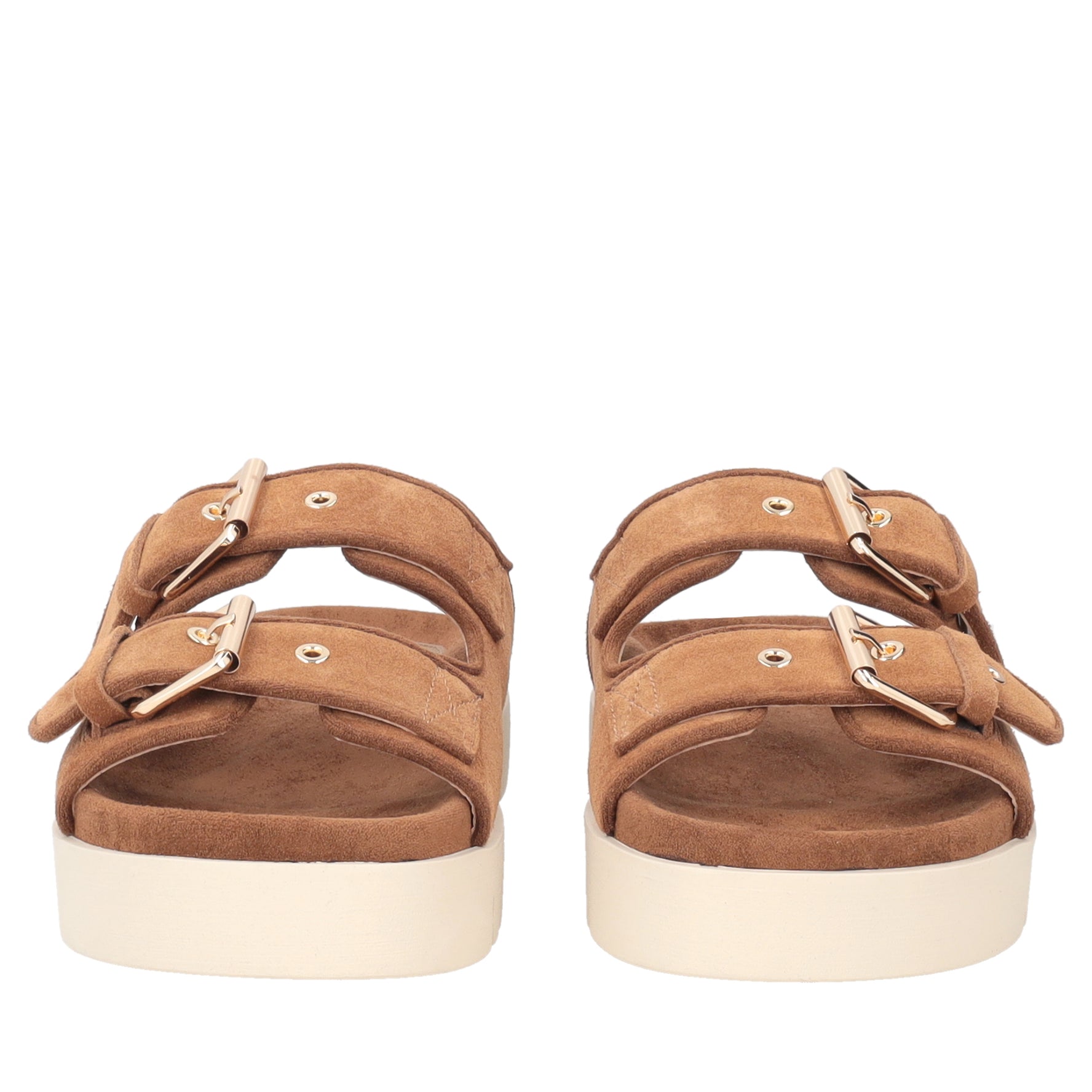 Seychelles suede sandal with tan-colored buckles