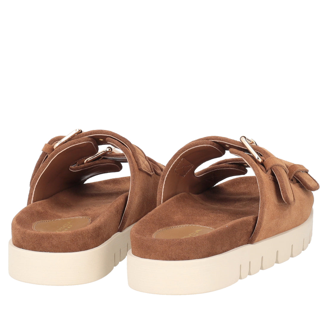 Seychelles suede sandal with tan-colored buckles