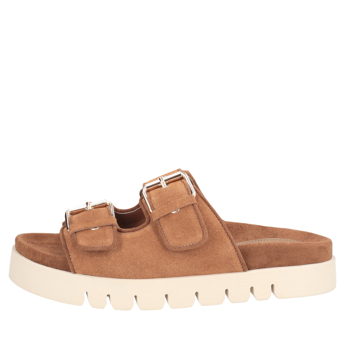 Seychelles suede sandal with tan-colored buckles