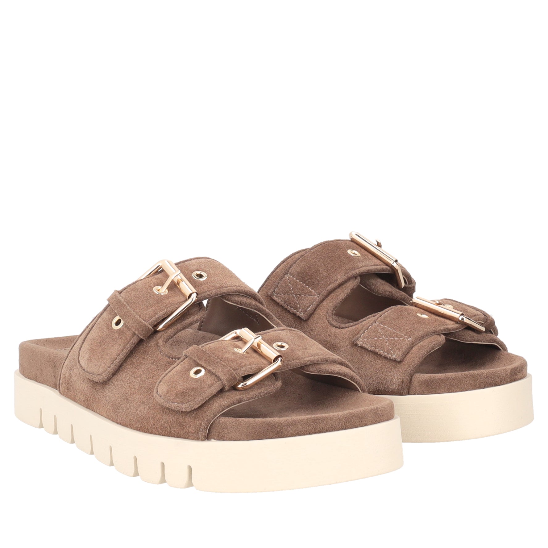 Seychelles suede sandal with dark brown buckles