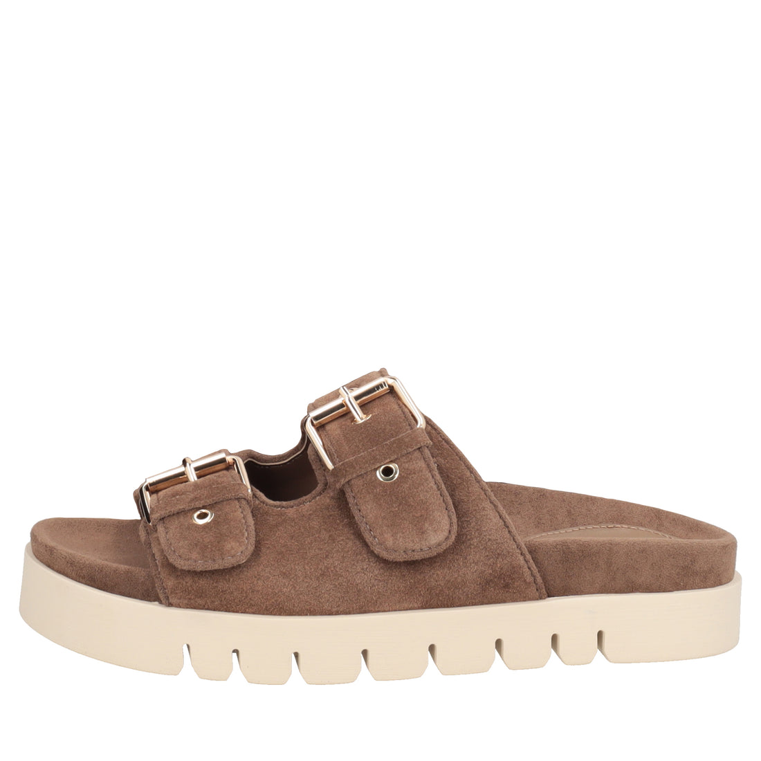 Seychelles suede sandal with dark brown buckles
