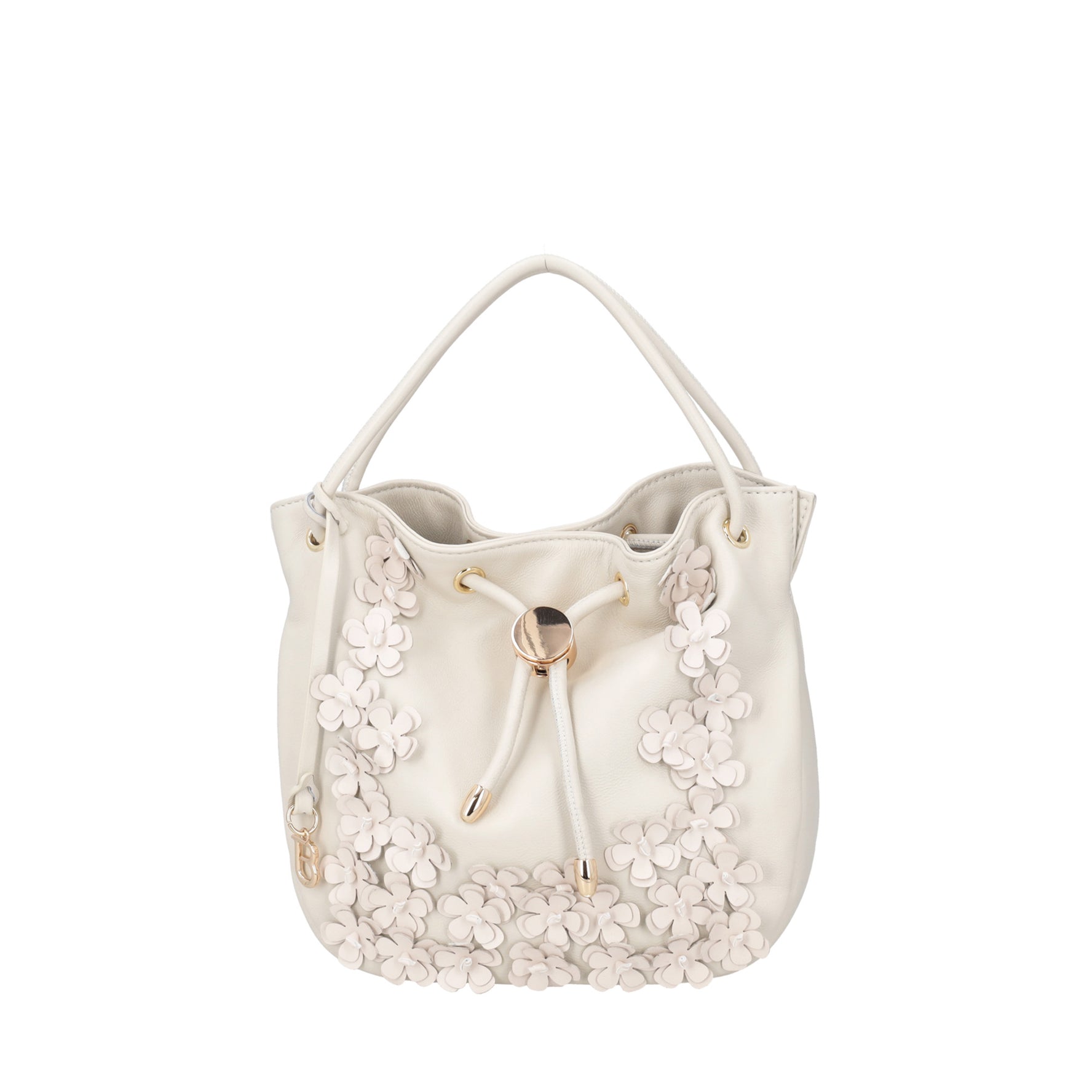 Leather bucket bag with Venice ivory flowers