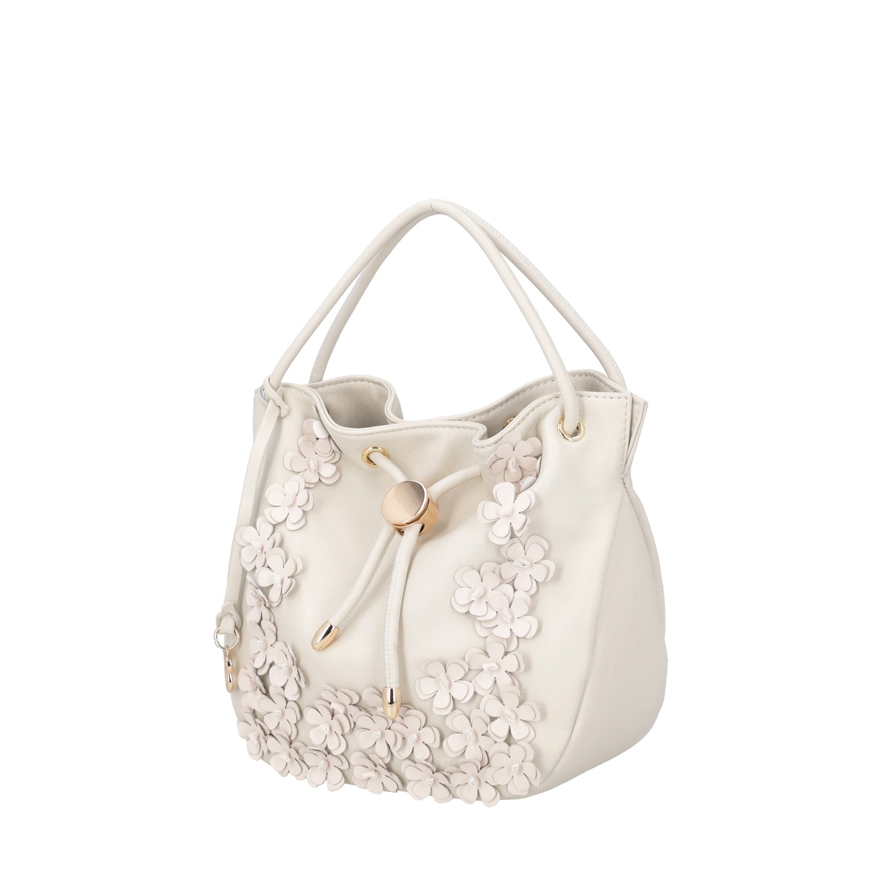 Leather bucket bag with Venice ivory flowers
