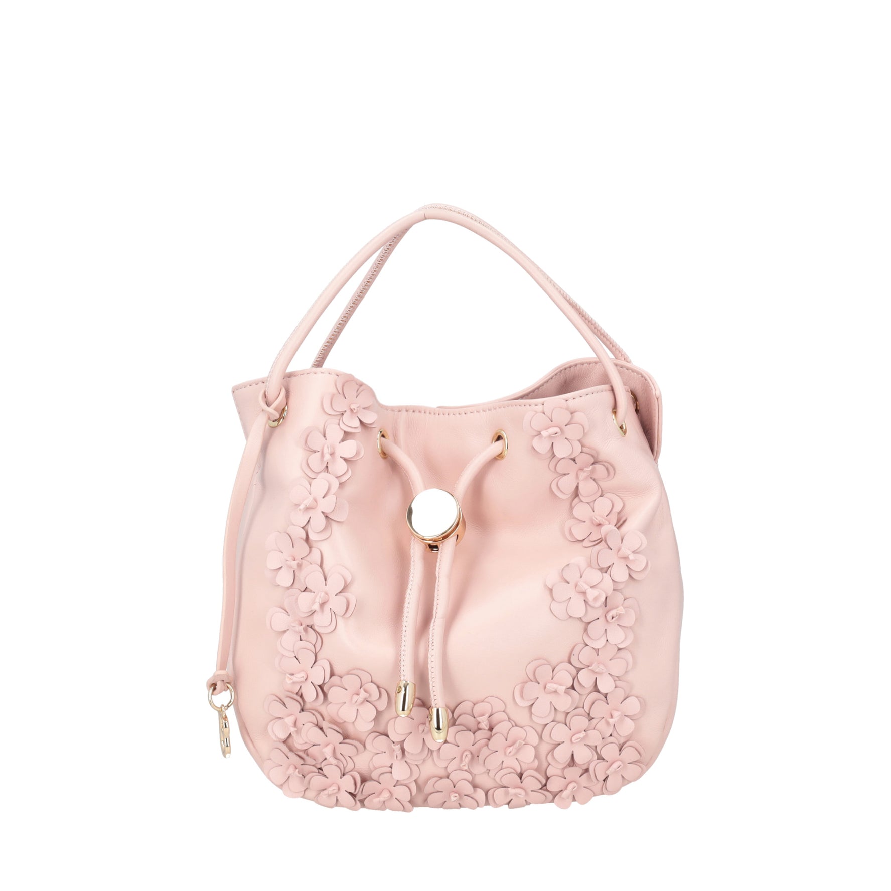 Leather bucket bag with Venice flowers powder pink color