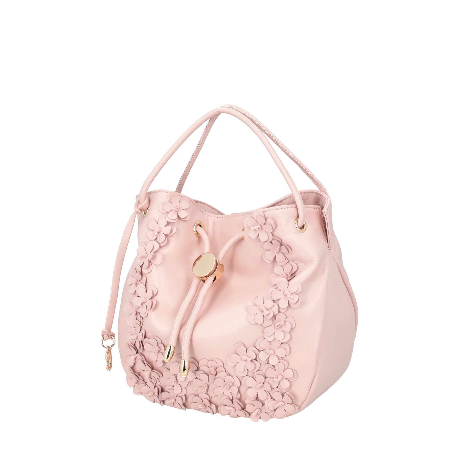 Leather bucket bag with Venice flowers powder pink color