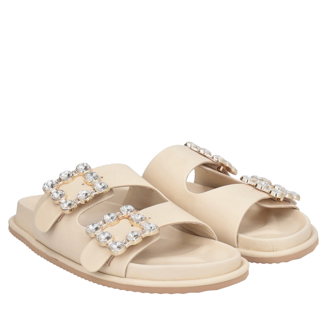 Sandalo Tenerife in pelle con fibbie gioiello colore beige