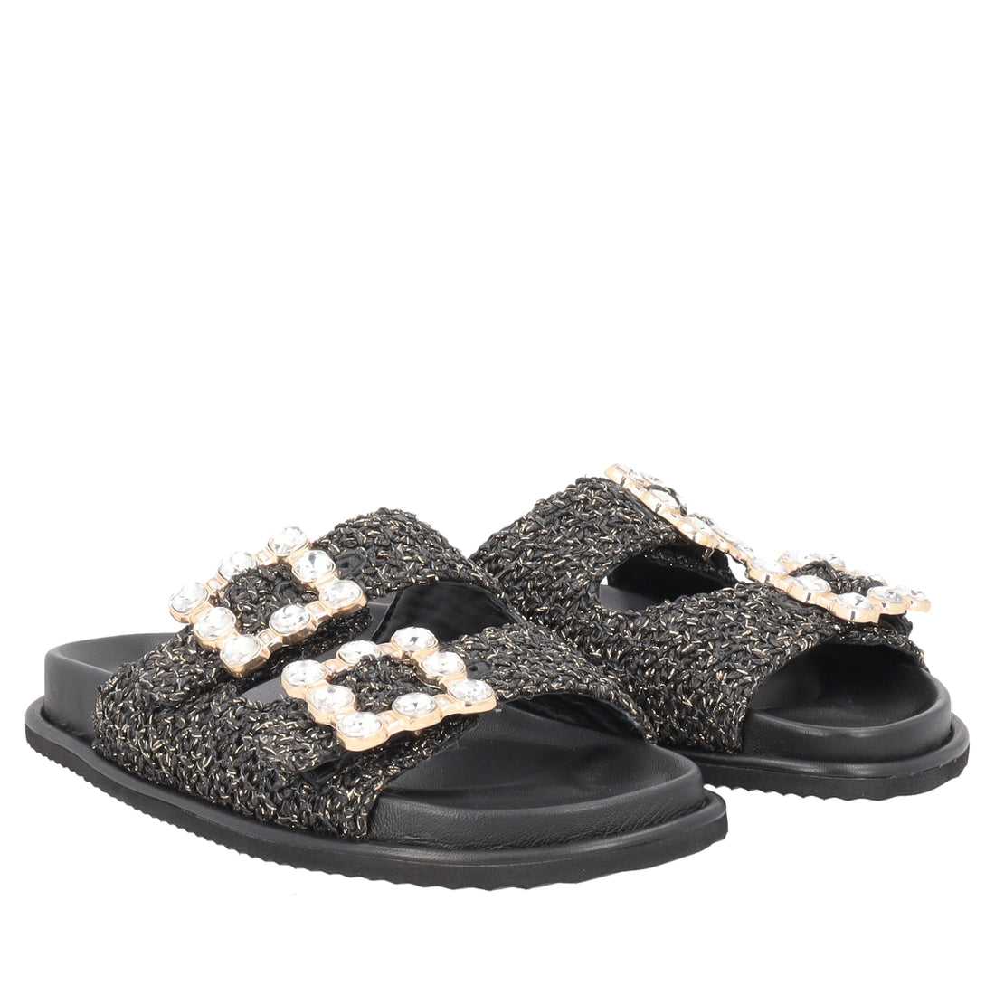 Tenerife raffia sandal with black buckles