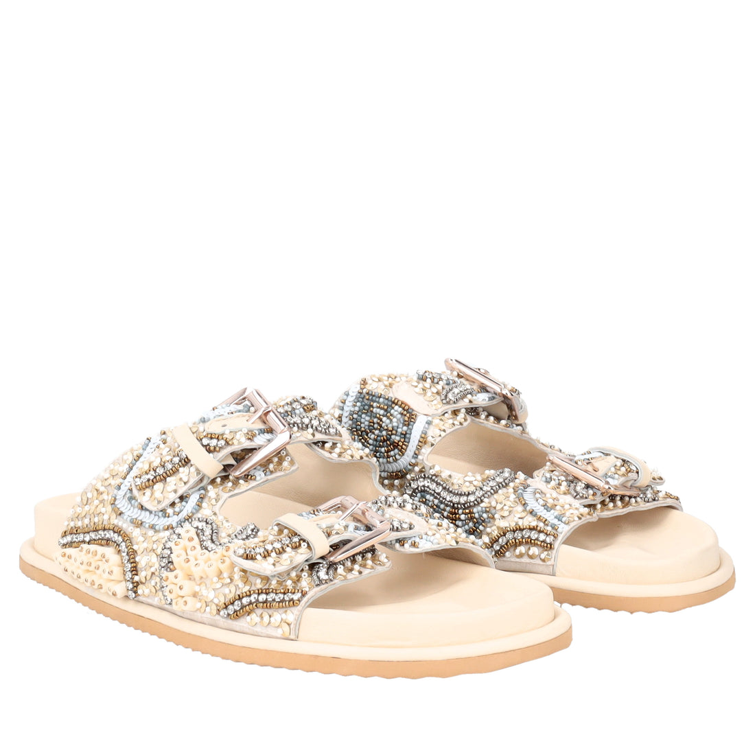 Sandalo Tenerife con perline e fibbie colore beige