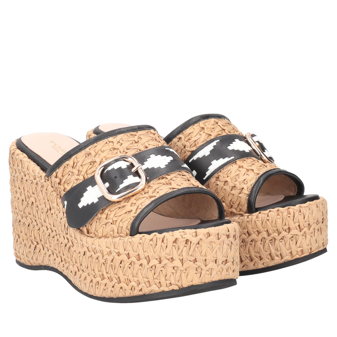 Tulum Sabot wedge in raffia and leather natural/black color