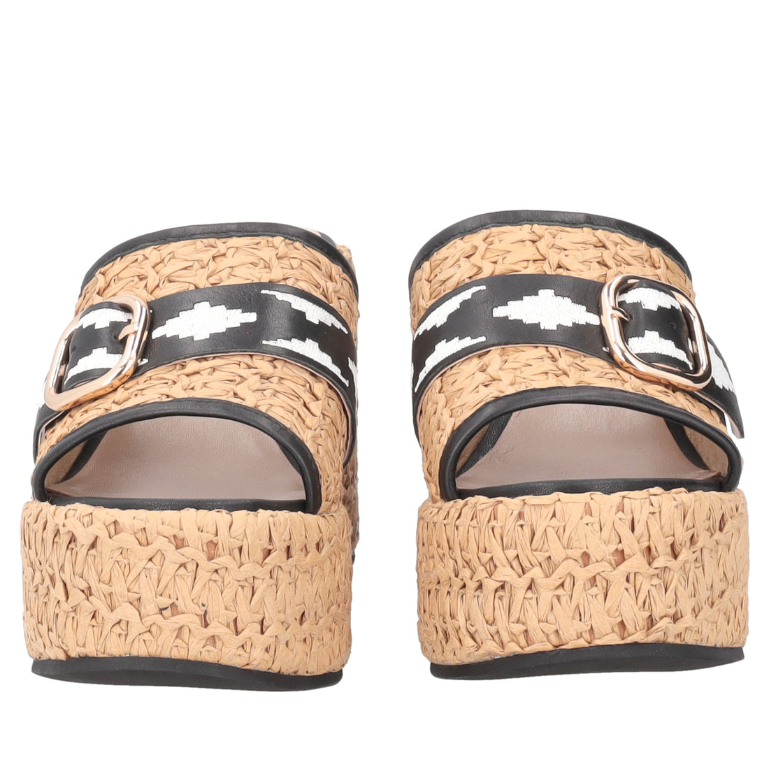 Tulum Sabot wedge in raffia and leather natural/black color