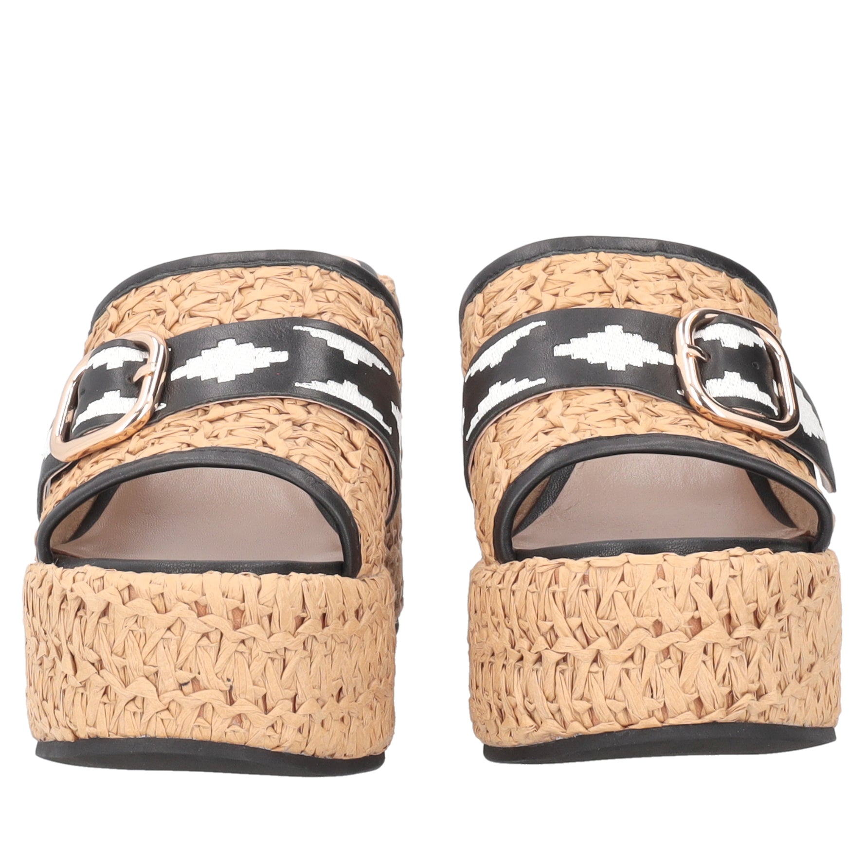 Tulum Sabot wedge in raffia and leather natural/black color