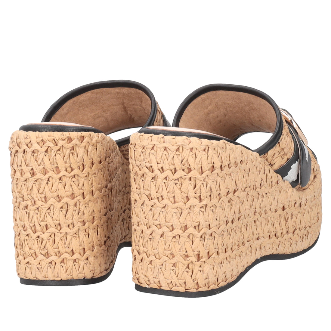Tulum Sabot wedge in raffia and leather natural/black color