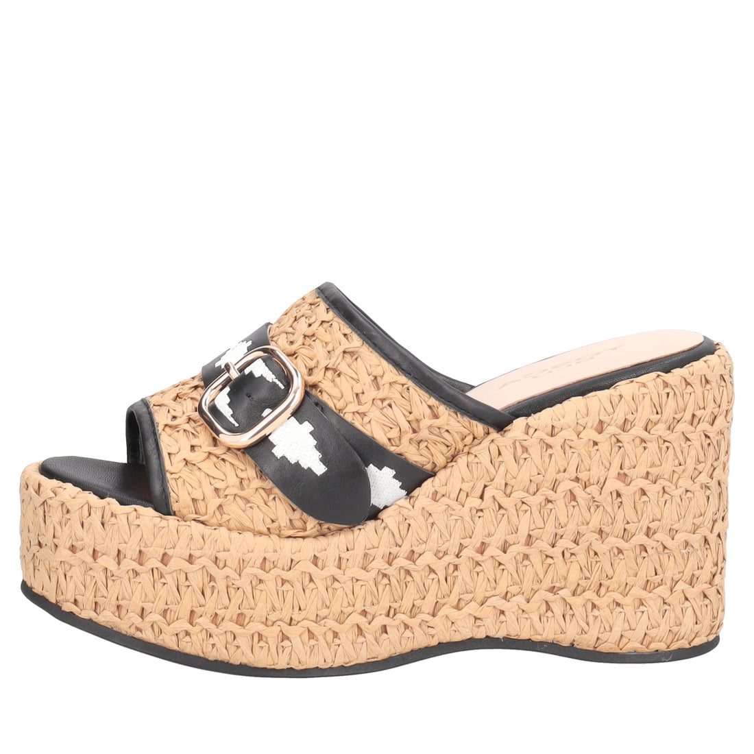 Tulum Sabot wedge in raffia and leather natural/black color