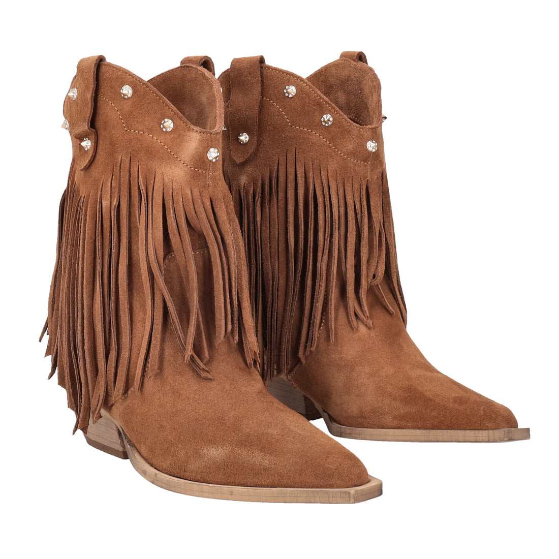Wild Glam suede ankle boot with tan-colored fringes