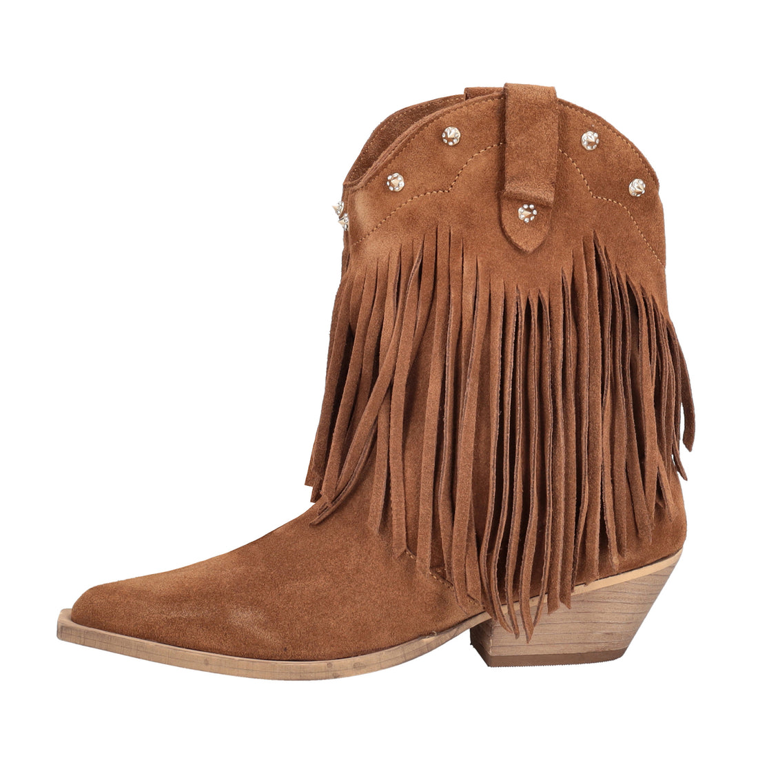 Wild Glam suede ankle boot with tan-colored fringes
