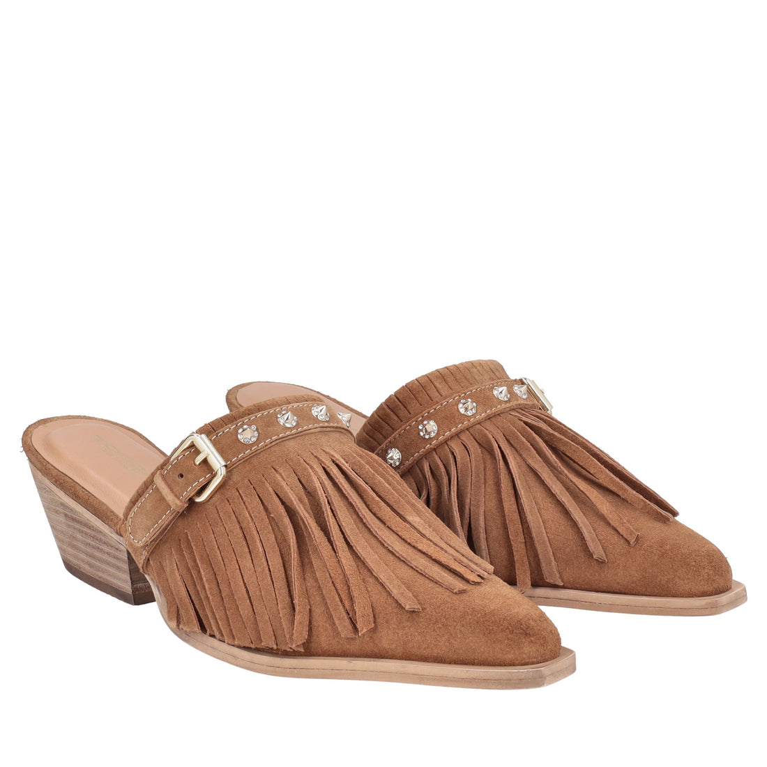 Sabot Wild Glam in suede con frange colore cuoio