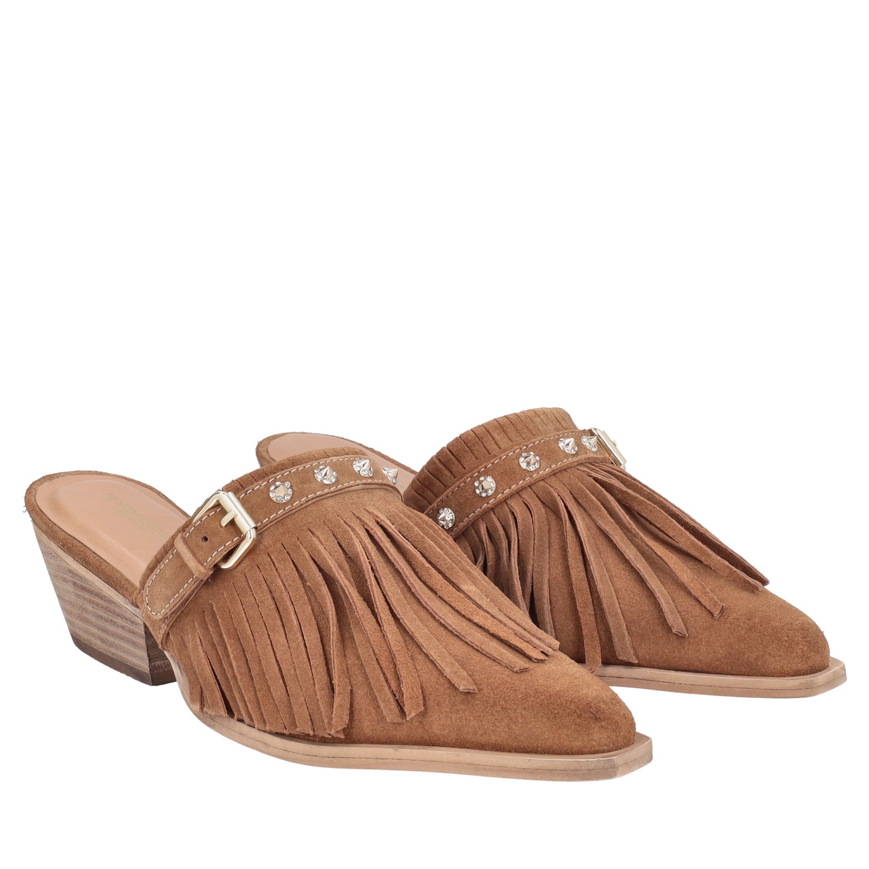 Sabot Wild Glam in suede con frange colore cuoio