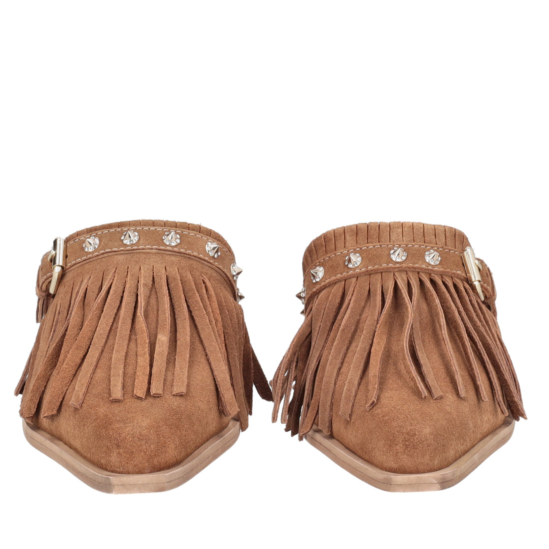Sabot Wild Glam in suede con frange colore cuoio