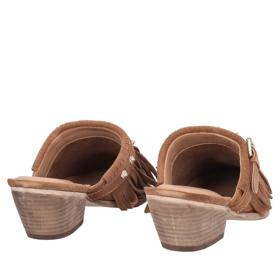 Sabot Wild Glam in suede con frange colore cuoio