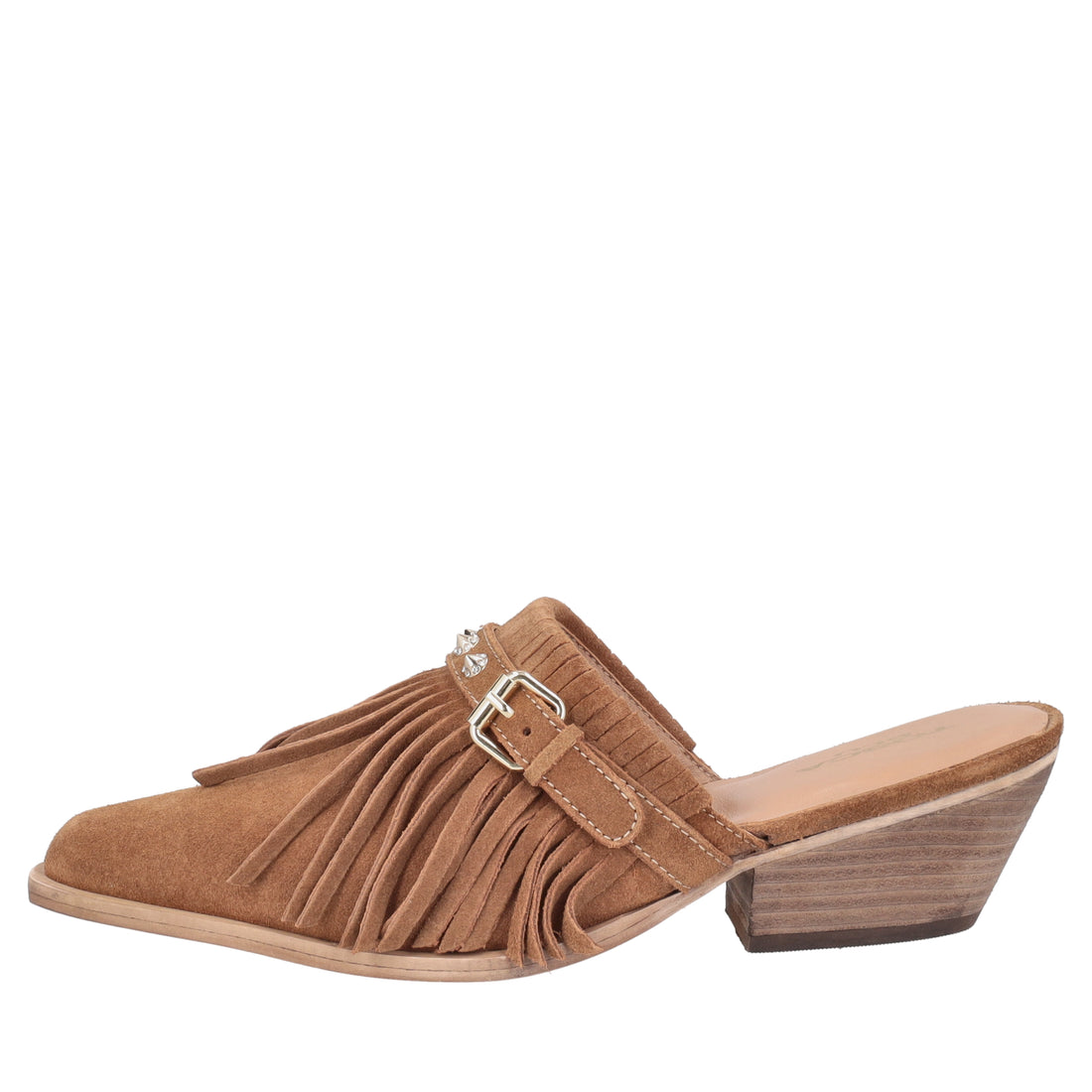Sabot Wild Glam in suede con frange colore cuoio