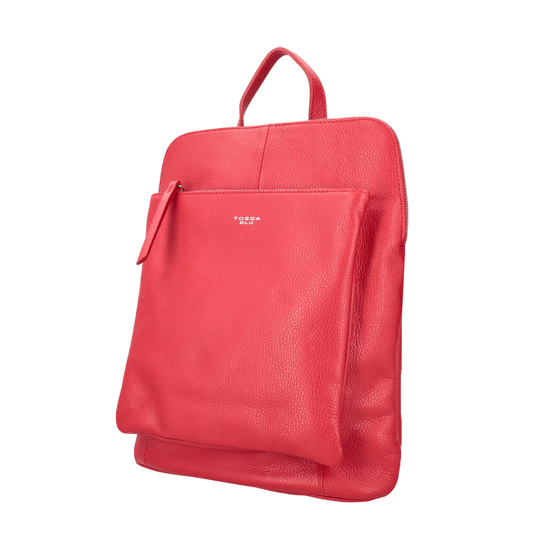 Coral red leather backpack with zipper closure