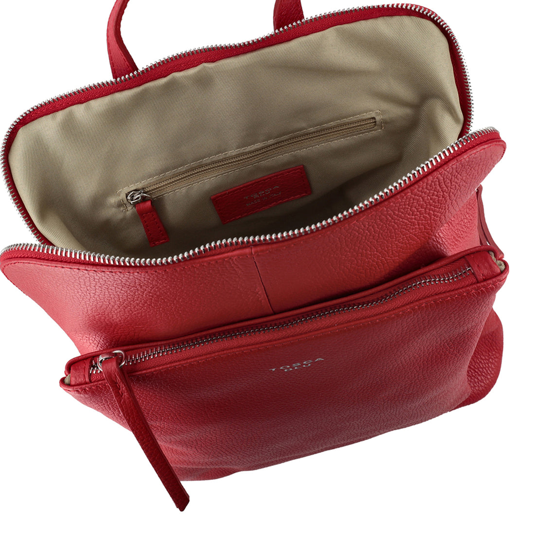 RED LEATHER BACKPACK WITH ZIPPER CLOSURE