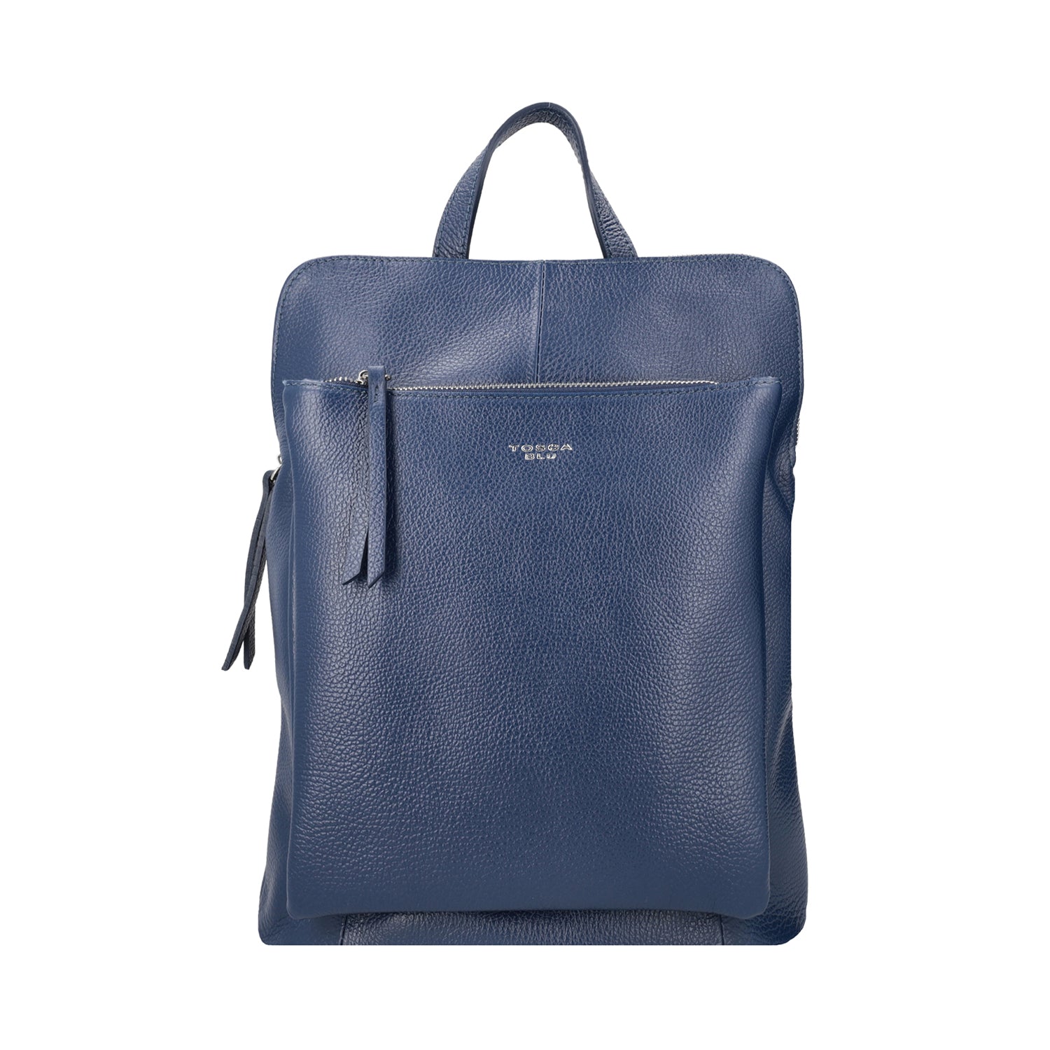 BLUE LEATHER BACKPACK WITH ZIPPER CLOSURE