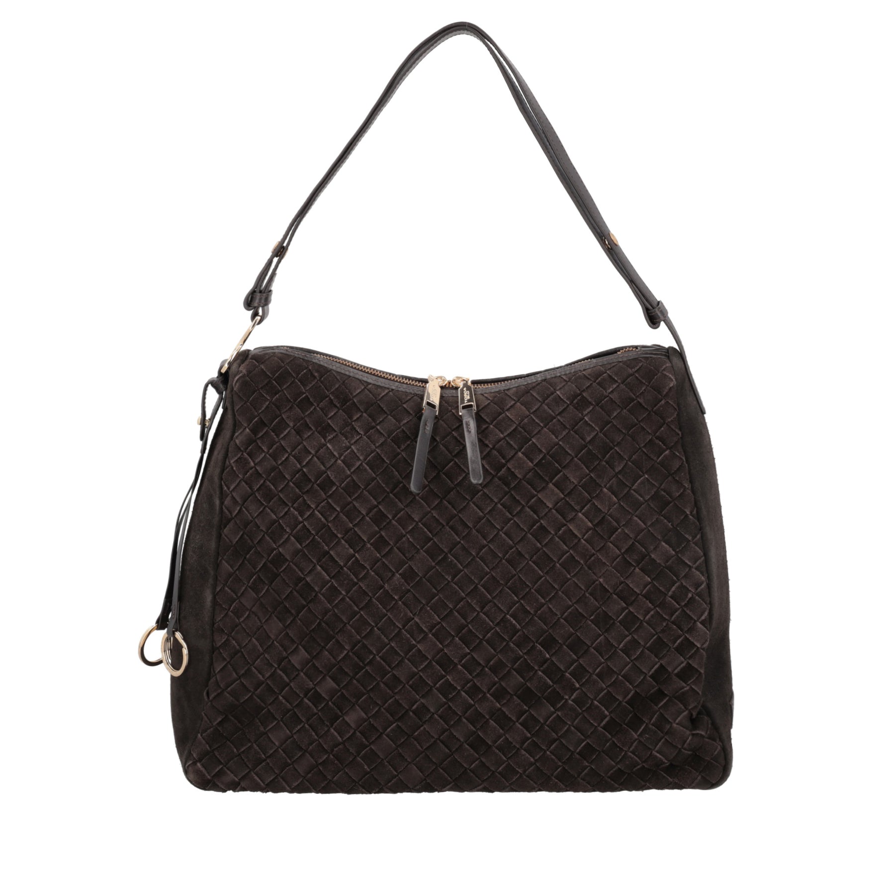 dark brown susan woven shoulder bag in suede